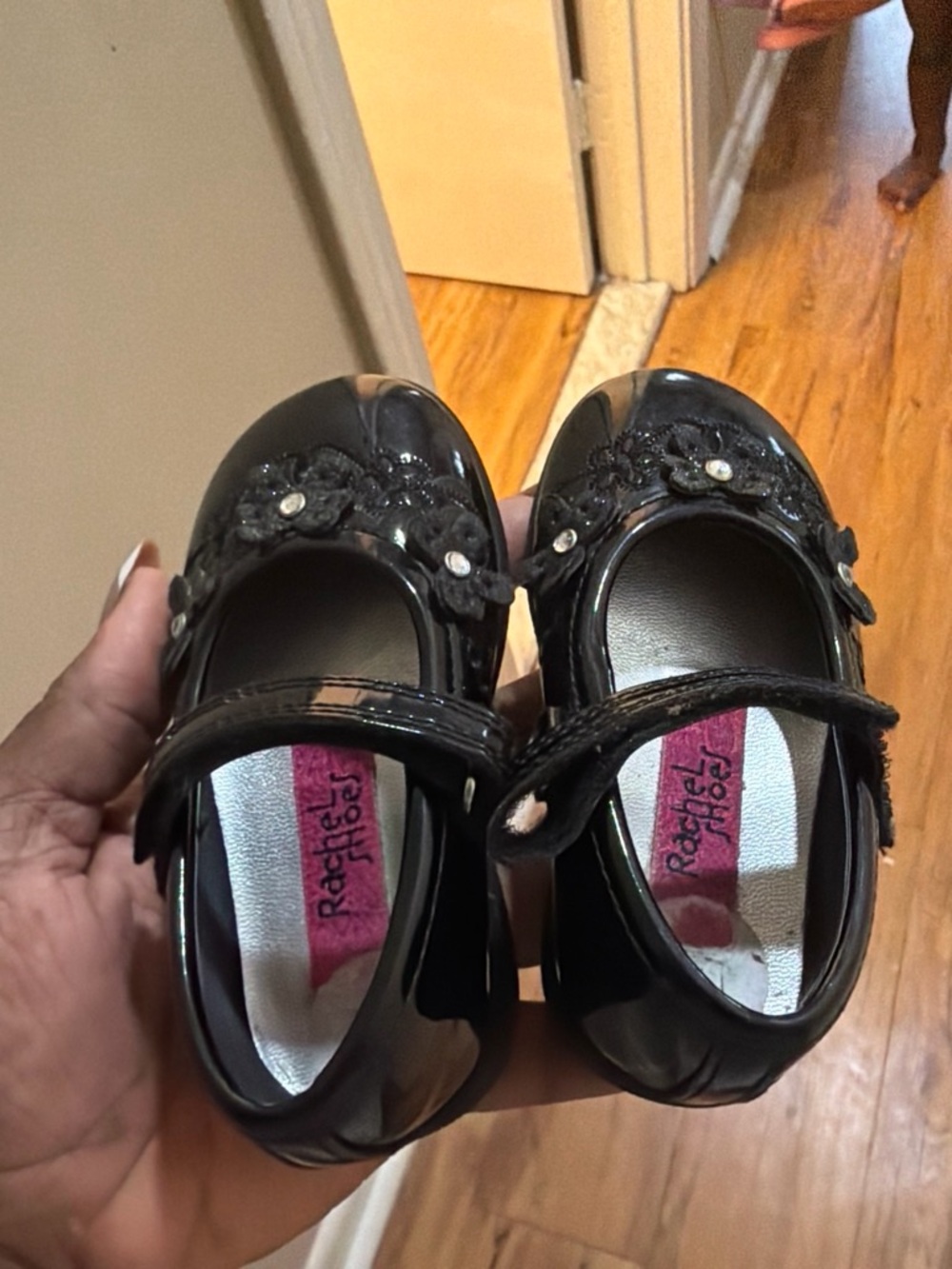 Rachel Shoes Black Patent Mary Jane with Flower Accents